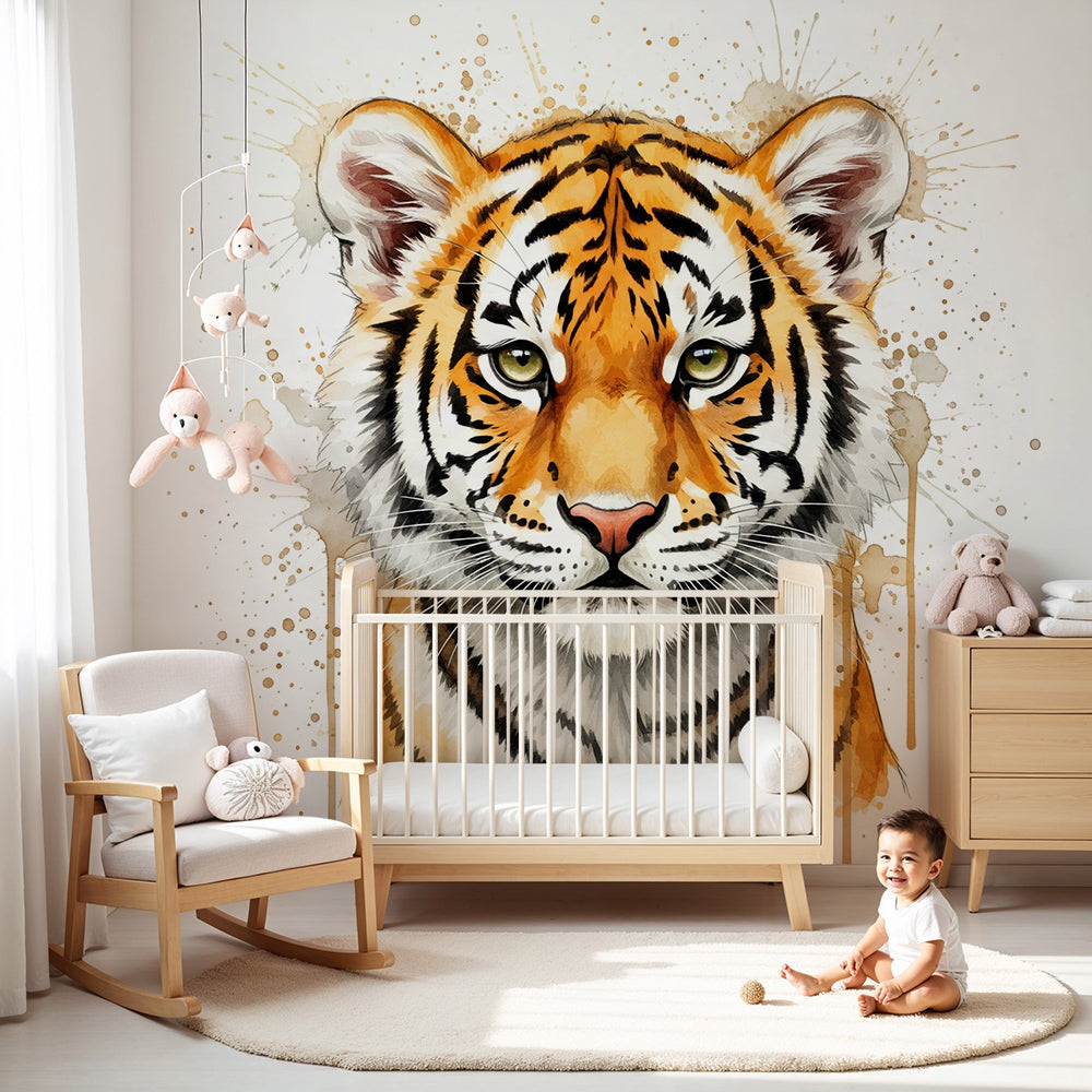 Kids-Mundo watercolour tiger portrait wall mural in a warm, artistic nursery room