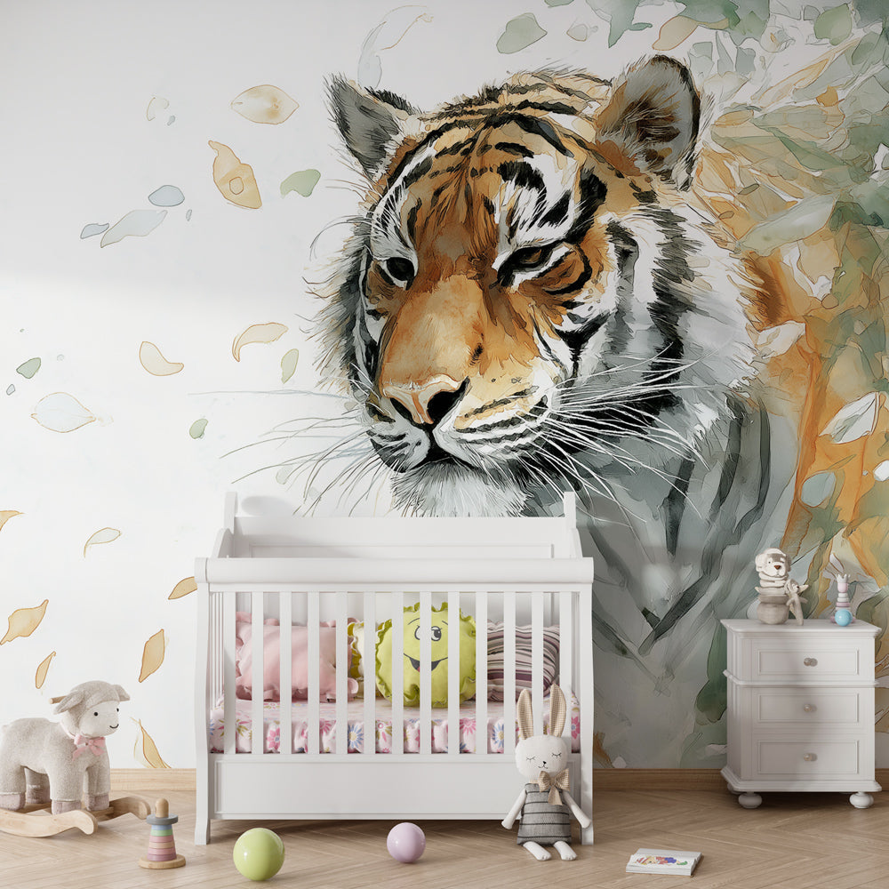 Kids-Mundo watercolour tiger portrait wall mural brightening a nature-themed playroom