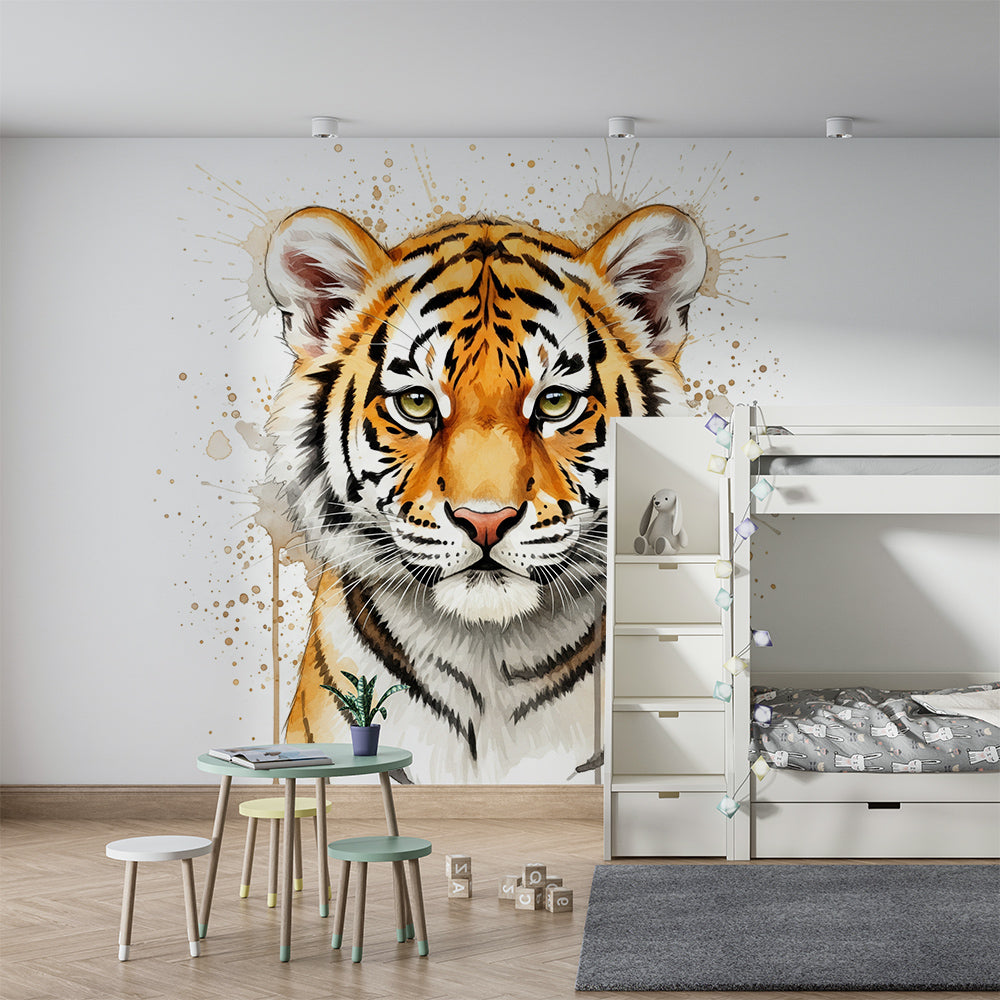 Kids-Mundo watercolour tiger portrait mural brightening a neutral-toned playroom wall