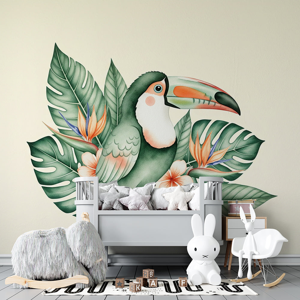 Kids-Mundo watercolour toucan wall mural in a kids bedroom with bed linen and botanical accents.