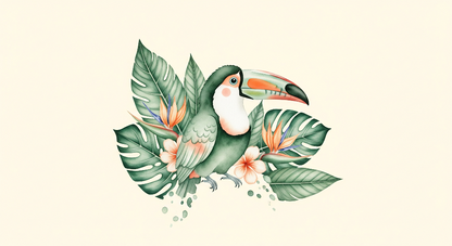 Kids-Mundo flat artwork of the watercolour toucan botanical wall mural design on a cream background.