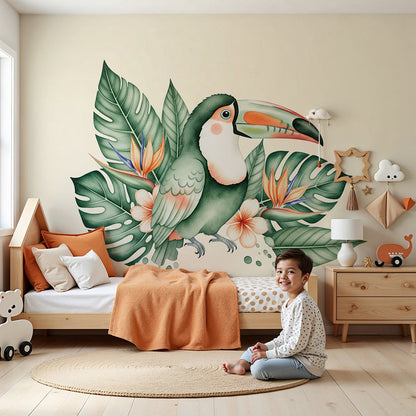 Kids-Mundo watercolour toucan wall mural styled in a nursery with cot and soft cream furnishings.