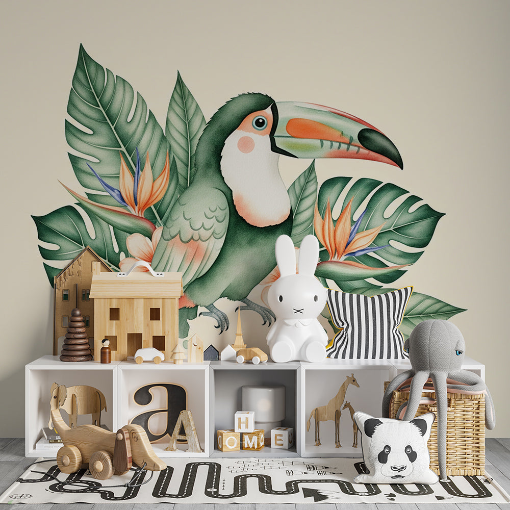 Kids-Mundo watercolour toucan wall mural brightening a playroom reading nook with cushions.