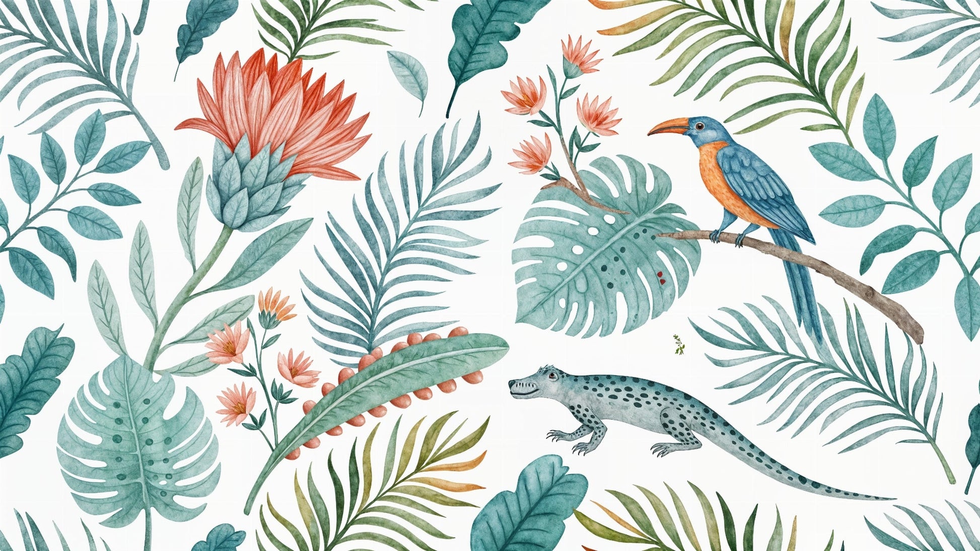 Kids-Mundo flat artwork of watercolour tropical leaves, bird and lizard wall mural design