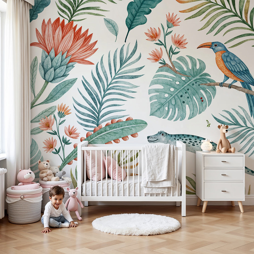 Kids-Mundo watercolour tropical wall mural with bird and botanicals in a calm nursery