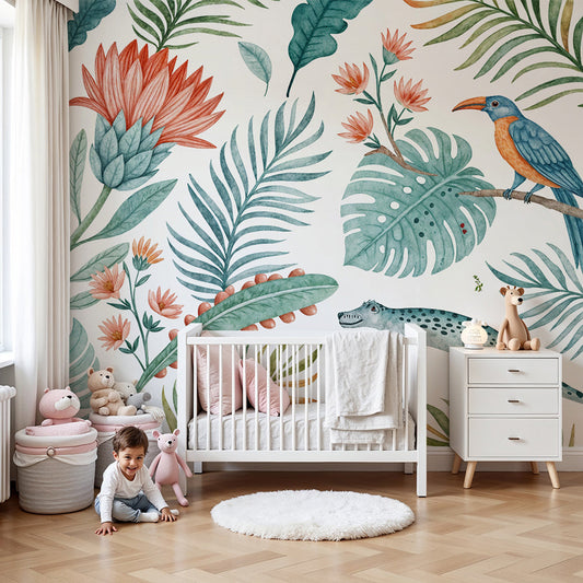 Kids-Mundo watercolour tropical wall mural with bird and botanicals in a calm nursery