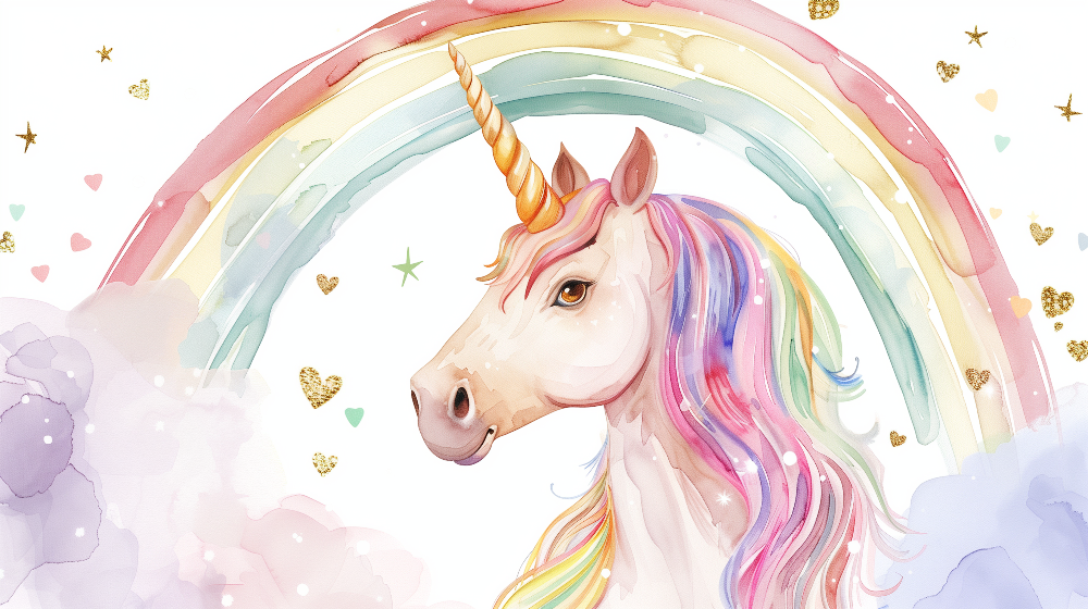 Kids-Mundo flat watercolour illustration of a unicorn with a rainbow mane beneath a pastel rainbow and gold stars