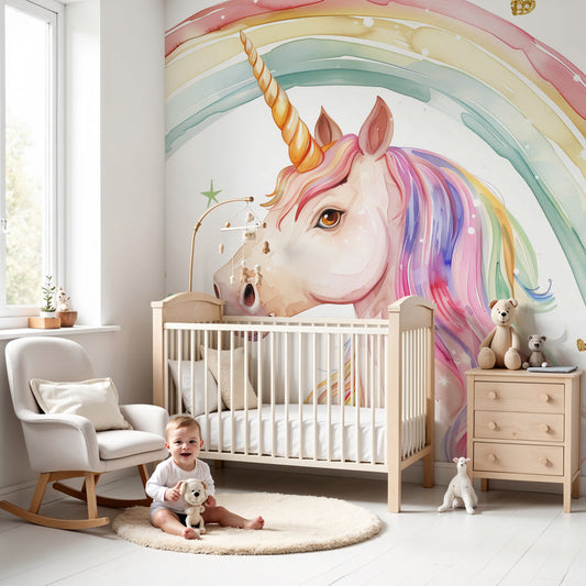 Kids-Mundo watercolour unicorn rainbow wall mural above a white cot in a soft pastel nursery