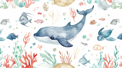 Kids-Mundo flat artwork of a watercolour whale, sea turtles and coral reef for a mural