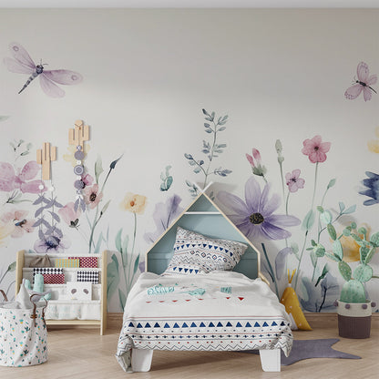 Kids-Mundo wildflower wall mural with a dragonfly and butterfly in a kids bedroom
