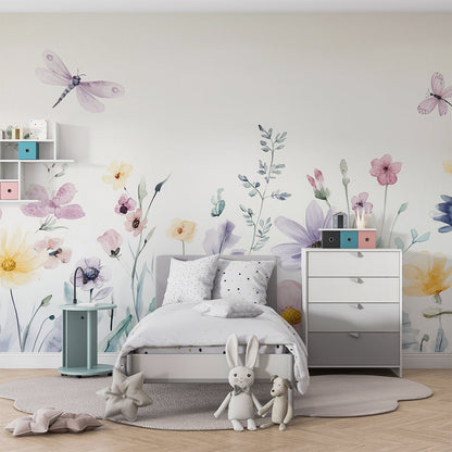 Kids-Mundo soft watercolour meadow wall mural brightening a children's playroom