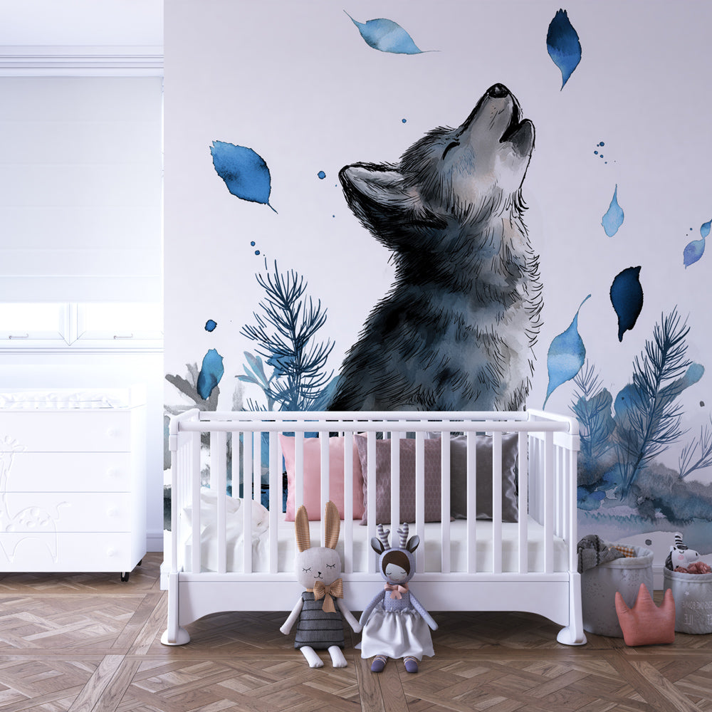Kids-Mundo watercolour wolf pup wall mural adding woodland charm to a playroom