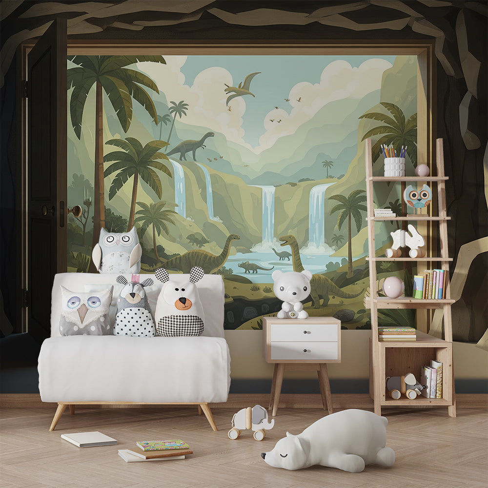Kids-Mundo jungle waterfall dinosaur mural shown on a feature wall in a kids bedroom