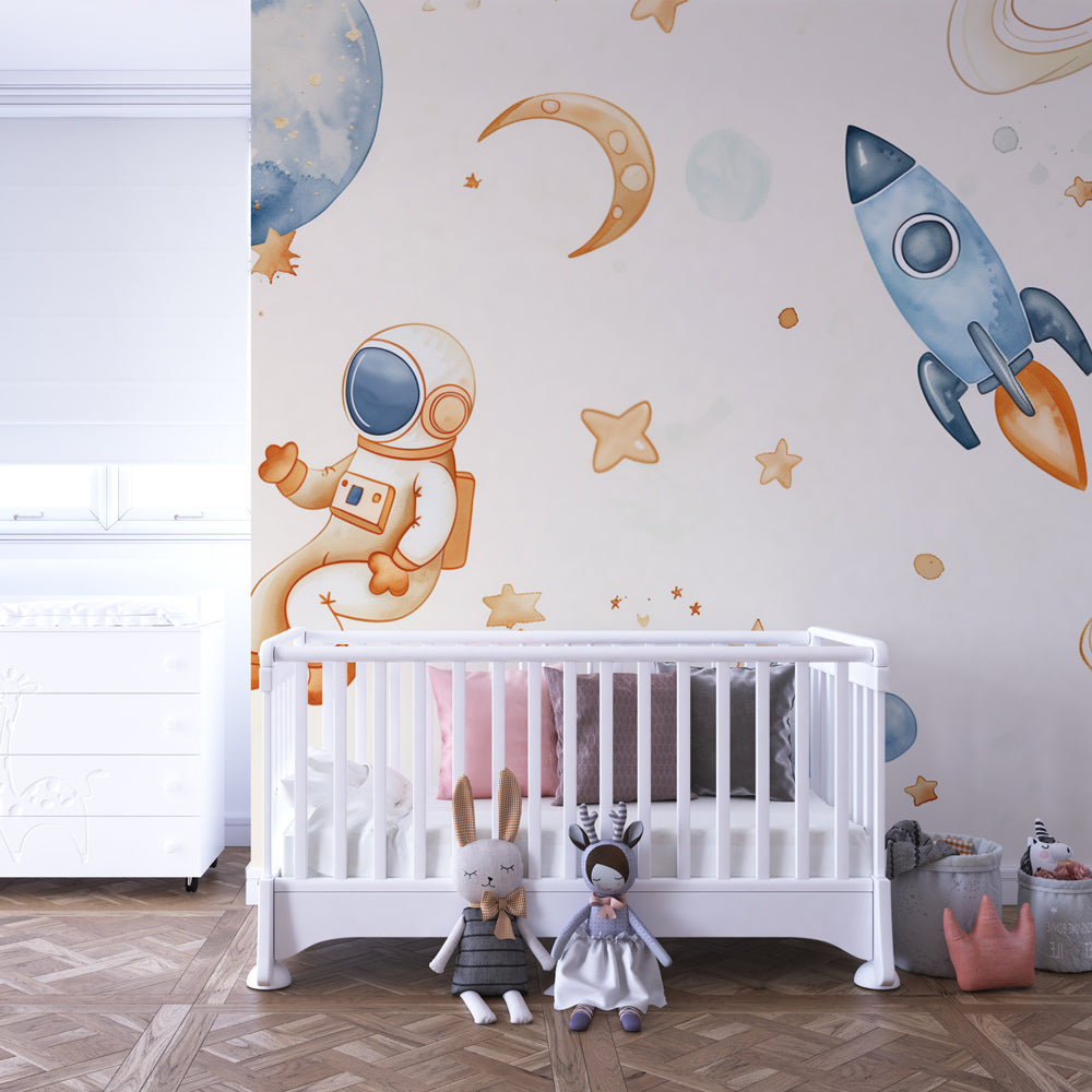 Kids-Mundo astronaut and rocket space mural on a feature wall in a toddler's bedroom.