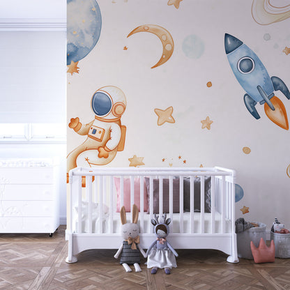 Kids-Mundo astronaut and rocket space mural on a feature wall in a toddler's bedroom.