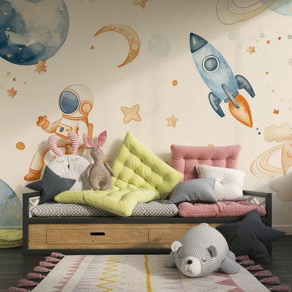 Kids-Mundo cheerful astronaut mural covering a playroom wall beside a play mat.