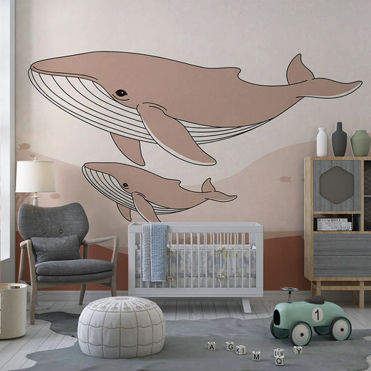 Kids-Mundo whale and calf ocean wall mural covering a feature wall in a calm children's bedroom.