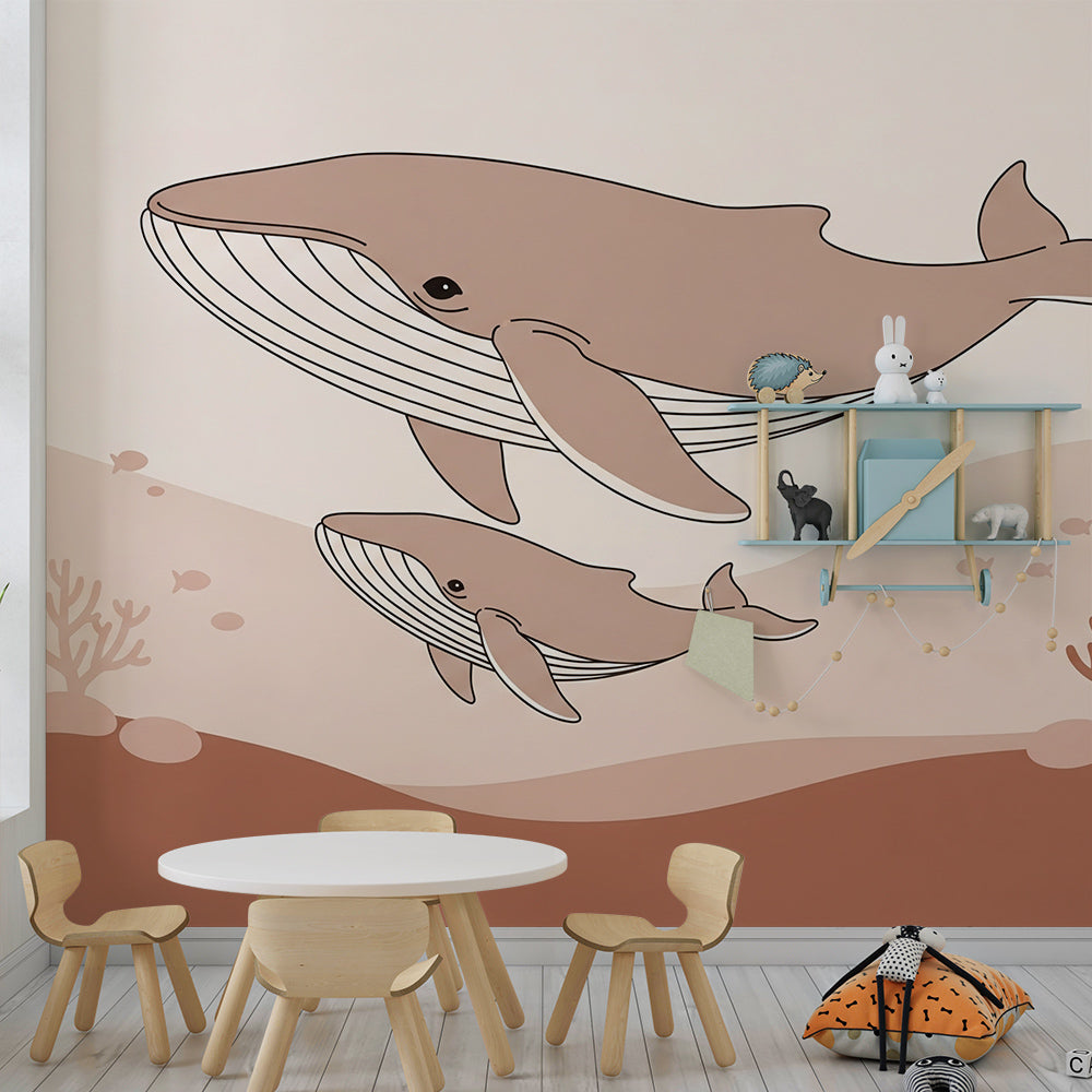 Kids-Mundo whale and calf wall mural adding a gentle undersea scene to a family playroom.