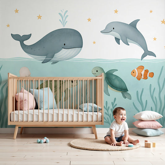 Kids-Mundo whale and dolphin ocean wall mural styled behind a cot in a soft teal nursery.