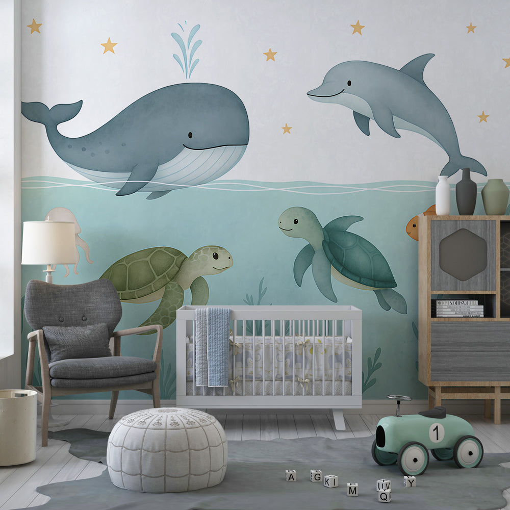 Kids-Mundo whale, dolphin and turtle wall mural bringing ocean fun to a bright playroom.