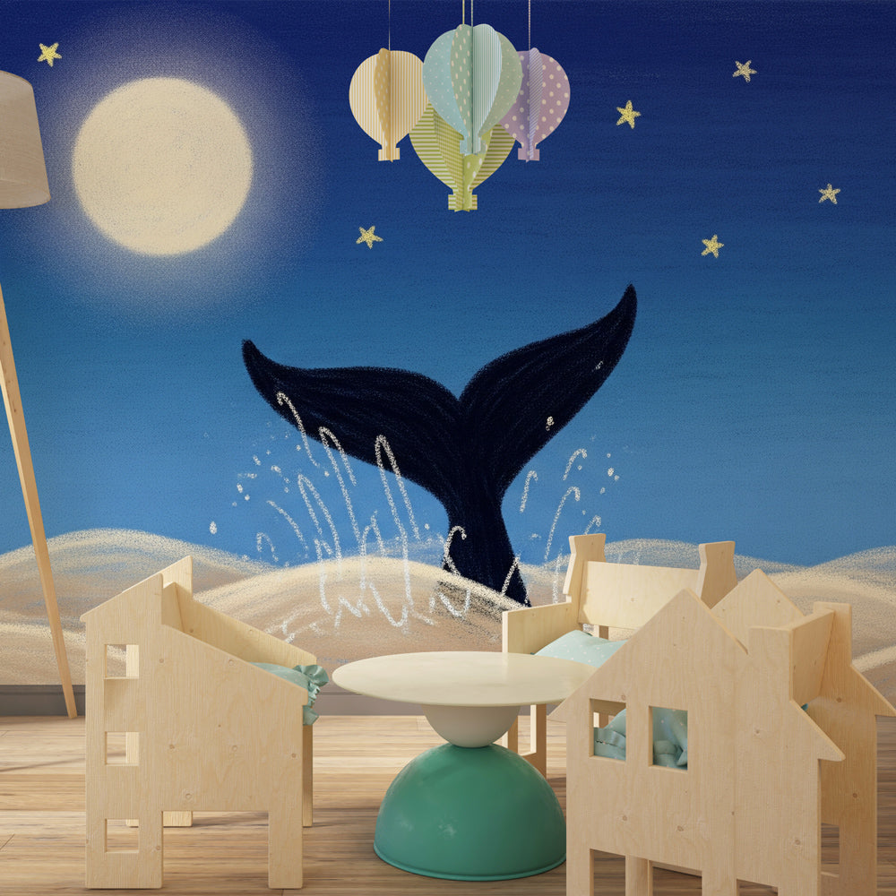 Ocean themed whale wallpaper in cozy baby bedroom with starlit atmosphere