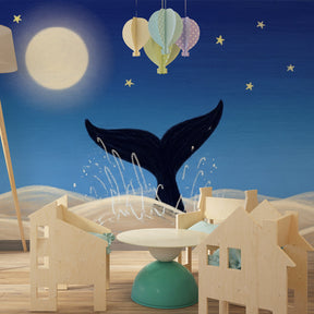 Ocean themed whale wallpaper in cozy baby bedroom with starlit atmosphere