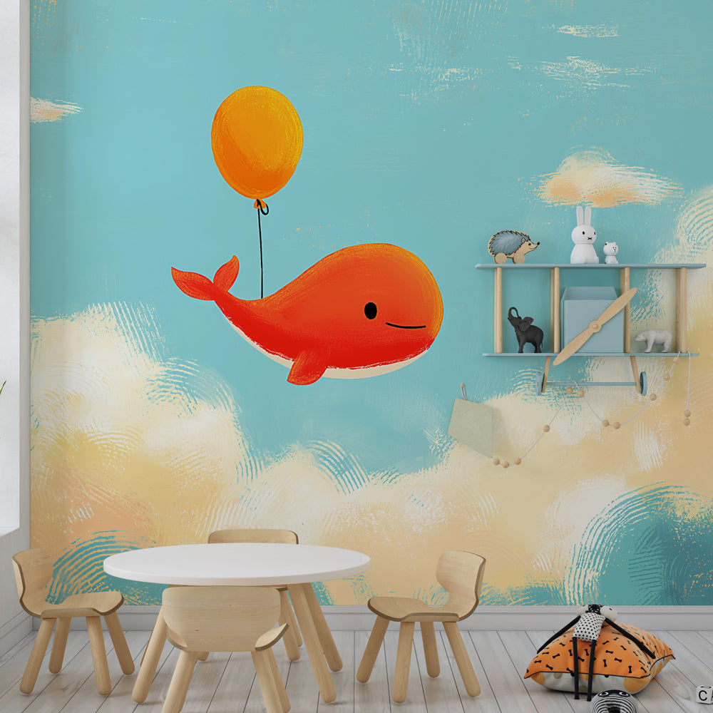 Whimsical whale and clouds mural wallpaper for peaceful nursery environment