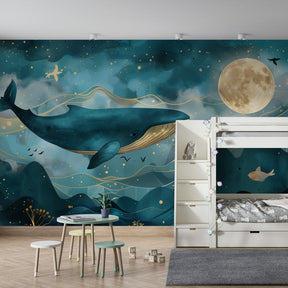 Blue whale ocean mural wallpaper in children's bedroom with calming marine theme