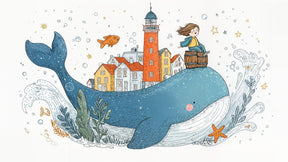 Detailed whale mural wallpaper design pattern showing blue whale with child and coastal village by Kids-Mundo