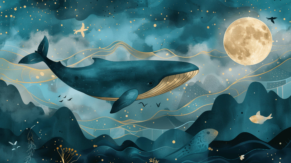 Detailed whale and moon mural wallpaper design pattern with starry ocean theme by Kids-Mundo