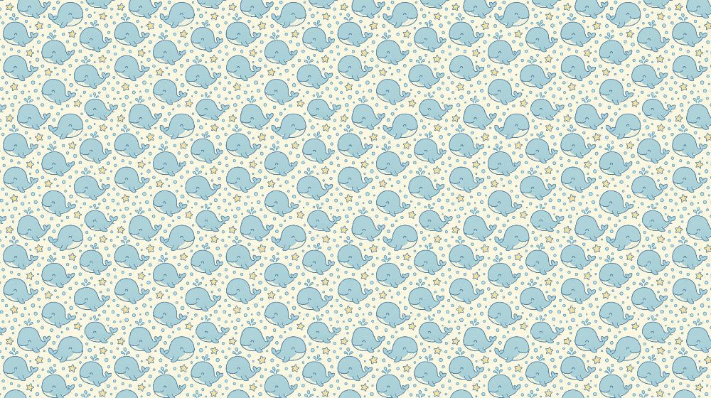Detailed whale mural wallpaper design pattern with smiling whales and bubbles by Kids-Mundo