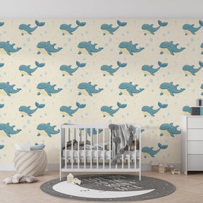 Ocean whale wallpaper transforming children's bedroom into underwater sanctuary