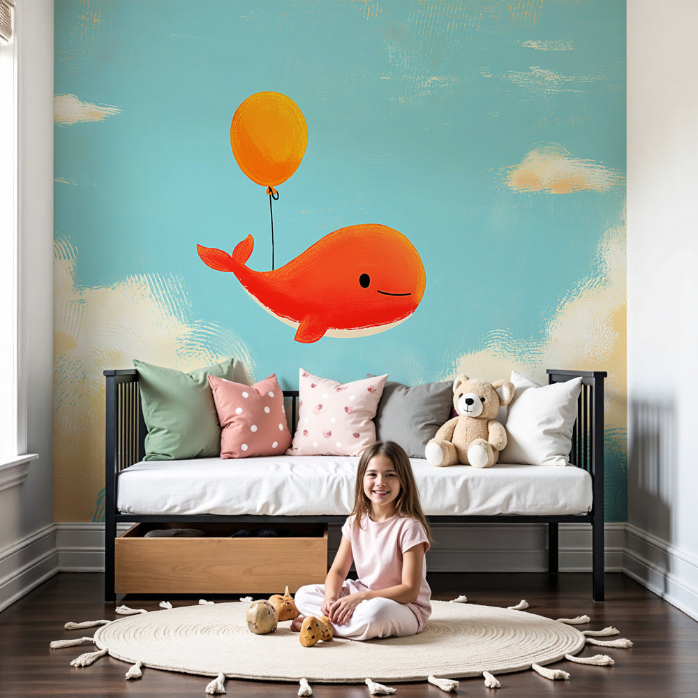 Whale mural wallpaper with red whale and balloon in modern baby nursery by Kids-Mundo