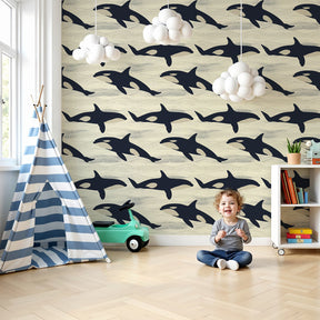 Whale orca mural wallpaper creating serene ocean atmosphere in modern kids nursery by Kids-Mundo