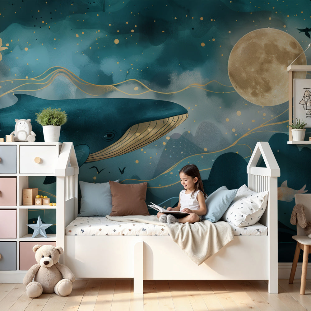 Dreamy whale mural wallpaper creating magical ocean nursery decor with moon and stars by Kids-Mundo
