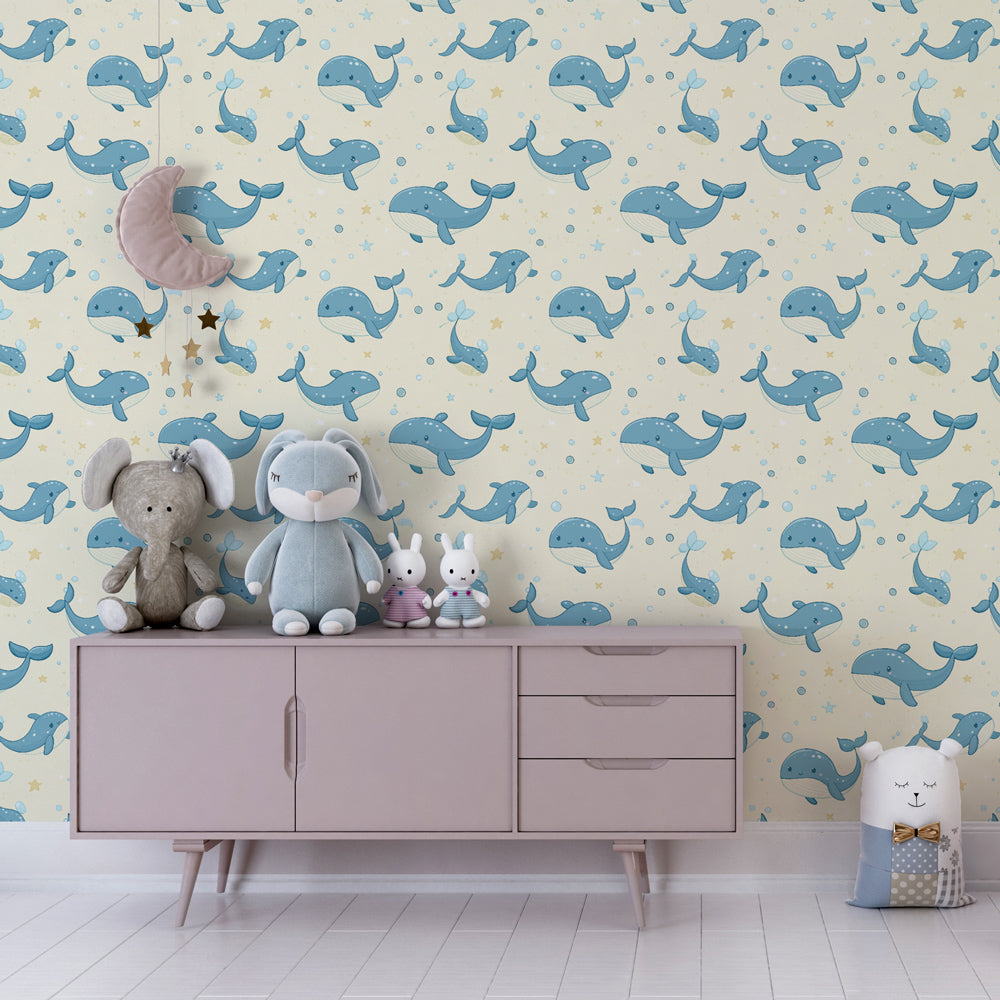 Playful whale mural wallpaper with bubbles and stars for kids playroom by Kids-Mundo