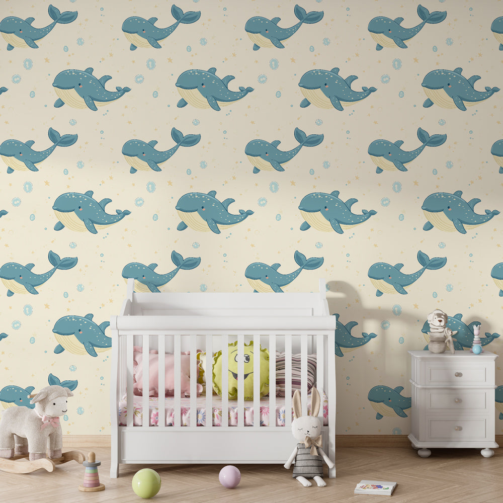 Marine themed whale mural wallpaper for modern kids playroom by Kids-Mundo