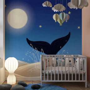 Marine life mural wallpaper featuring whale and moon in peaceful kids room setting