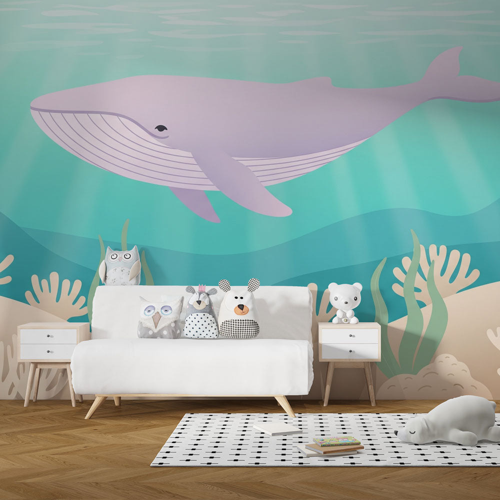 Ocean themed mural wallpaper with whale design in modern baby bedroom setting by Kids-Mundo