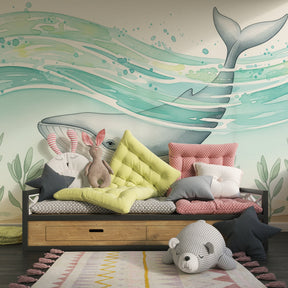 Majestic whale mural wallpaper in modern children's bedroom with aqua tones