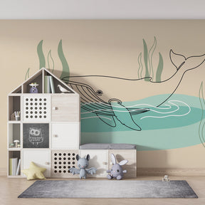 Majestic whale wallpaper with turquoise waters decorating children's bedroom space