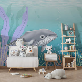 Ocean themed mural wallpaper featuring gentle whale in child's bedroom setting