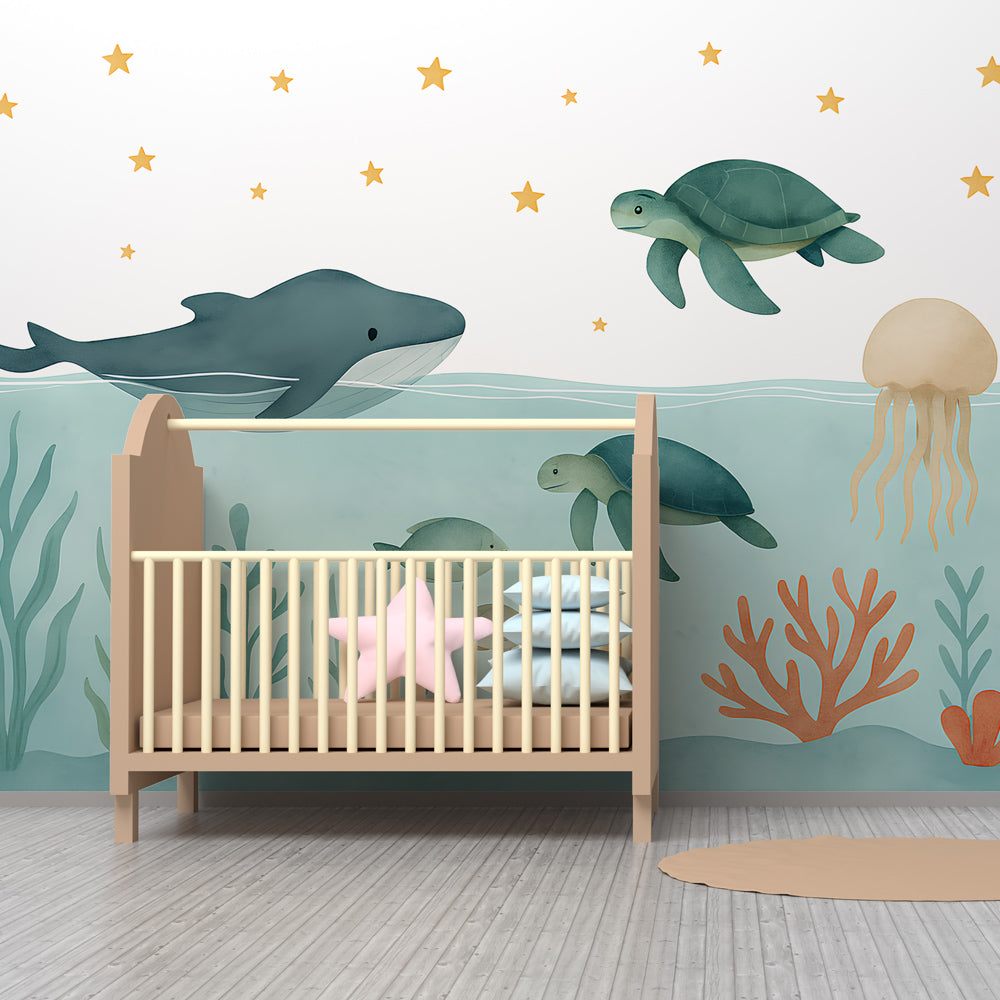 Kids-Mundo ocean wall mural with whale and turtles brightening a children's playroom wall