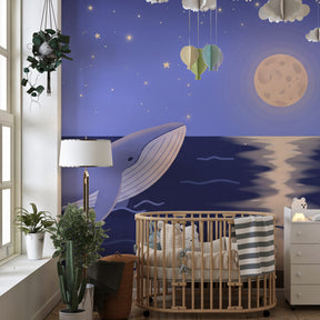 Marine themed whale wallpaper transforming toddler room into magical underwater dreamscape