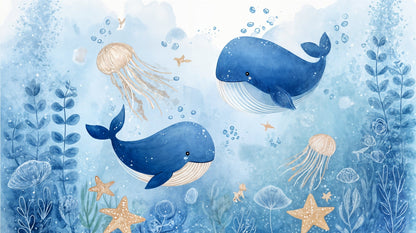 Flat artwork of the Kids-Mundo watercolour ocean wall mural with whales, jellyfish and starfish