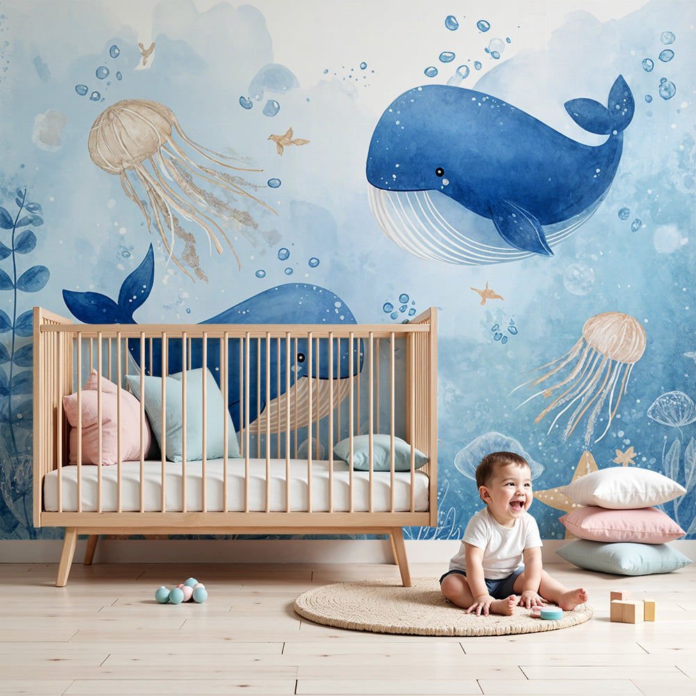 Kids-Mundo watercolour whale and jellyfish ocean wall mural styled behind a cot in a blue nursery