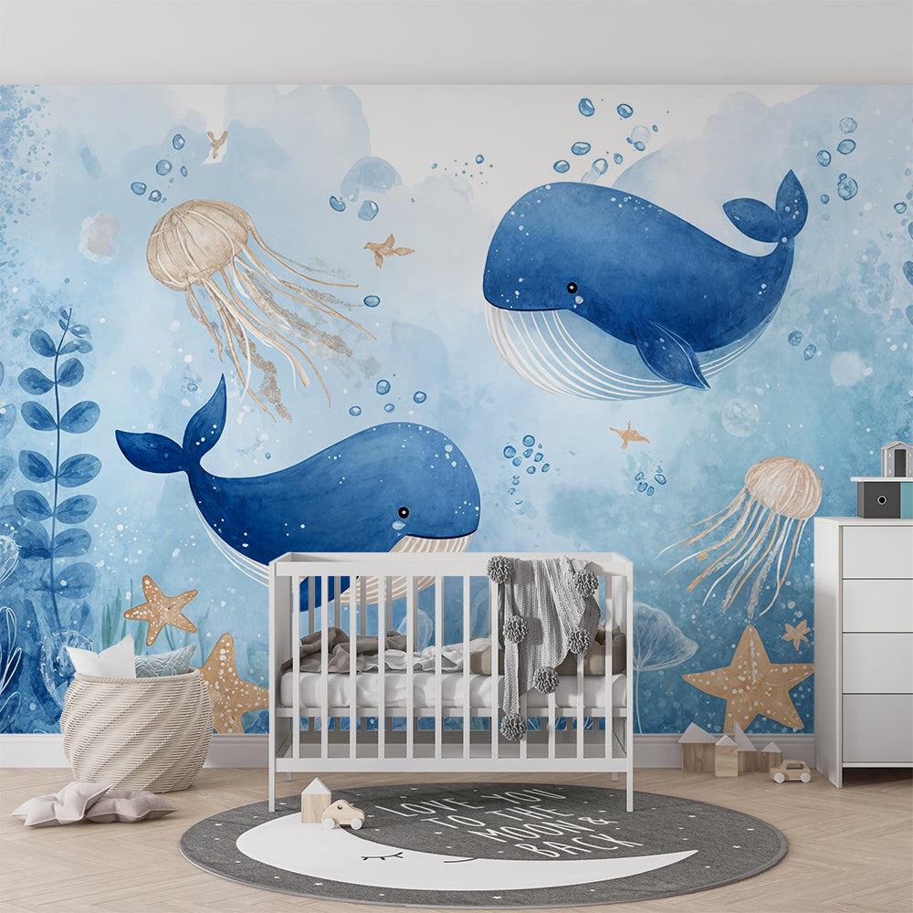 Kids-Mundo whale and jellyfish ocean mural brightening a playful underwater-themed playroom