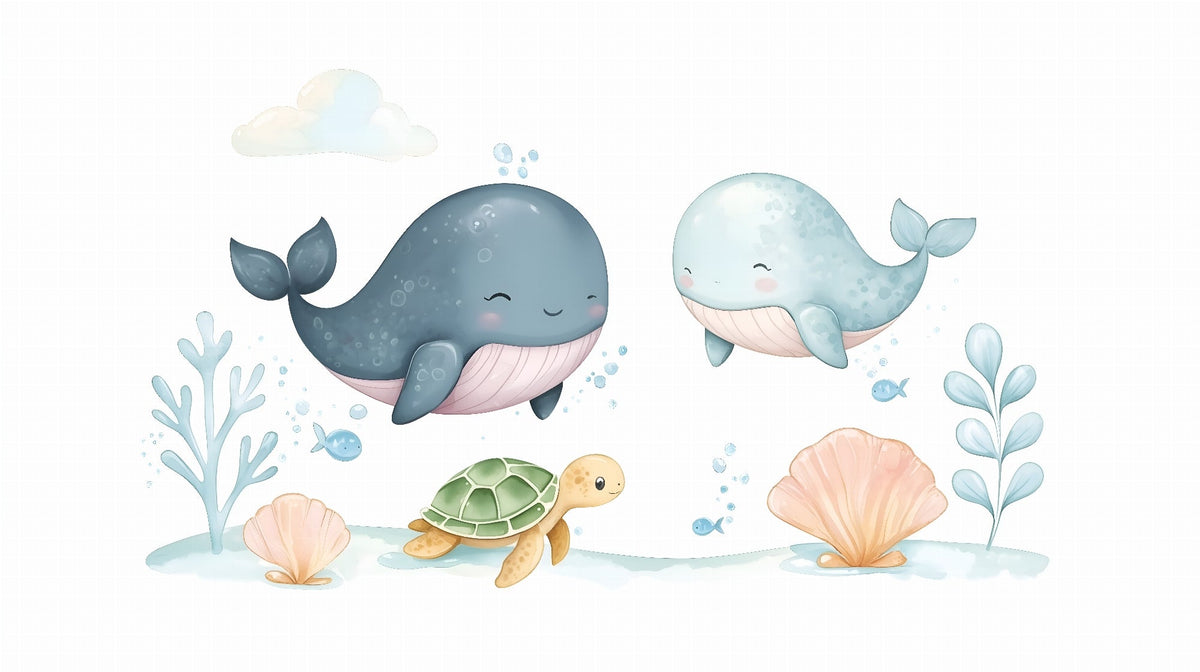 Cute Whales and Turtle Ocean Wall Mural