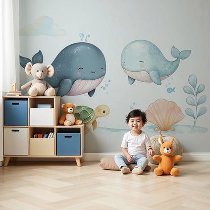 Kids-Mundo whale and turtle ocean wall mural styled in a soft blue baby nursery