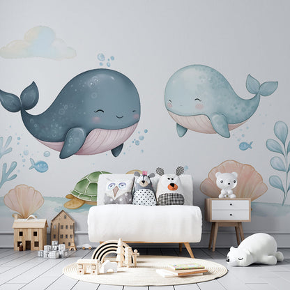 Kids-Mundo ocean whale and turtle wall mural shown on a wall in a bright playroom
